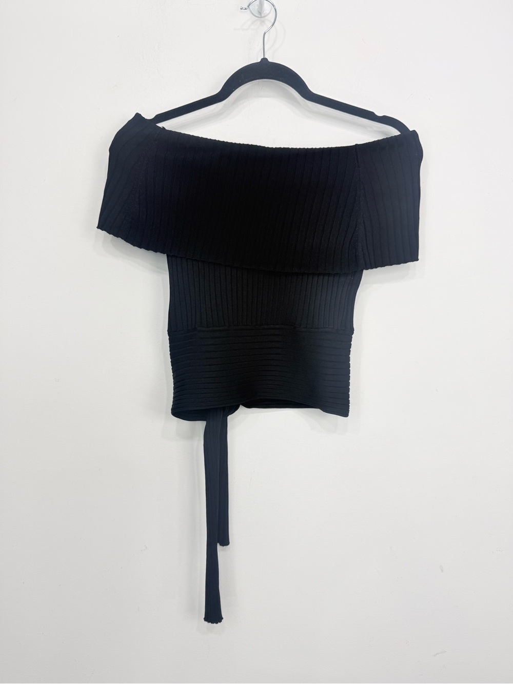 White House Black Market Black Ribbed Knit Off Shoulder Side Tie Crop Sweater - Picture 8 of 13